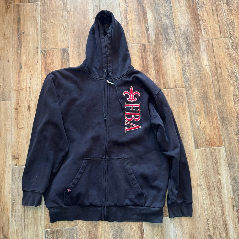 FBA Black Zip Up‎ Hoodie Fleur-de-lis Graphic Streetwear Sweatshirt  Mens XXL